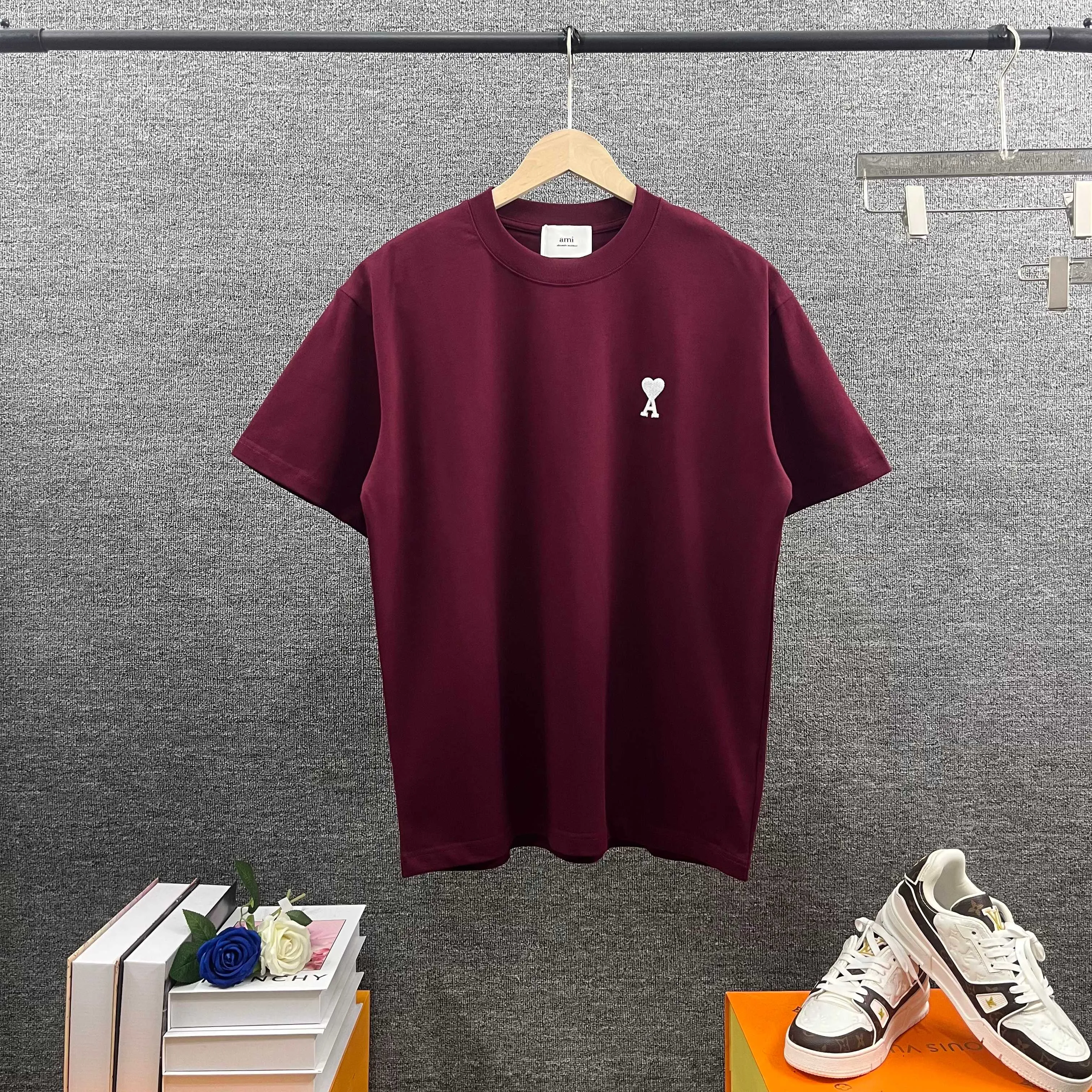 A*mi *Love 2026 Spring and Summer Style Classic simple embroidery small love logo embroidery Double yarn custom plain cotton fabric Short-sleeved T-shirt Men and women Same Style Color: Black White Gray Wine Red Size: S (90-130 pounds) M (120-150 pounds) L (140-165 pounds) XL (160-180 pounds) XXL (180-210 pounds)